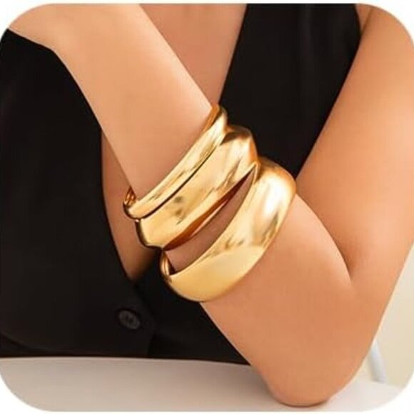 3PCS Chunky Gold Bangle Bracelets Trendy Wide Chunky Cuff Bracelets Hammered Wri - Picture 1 of 6